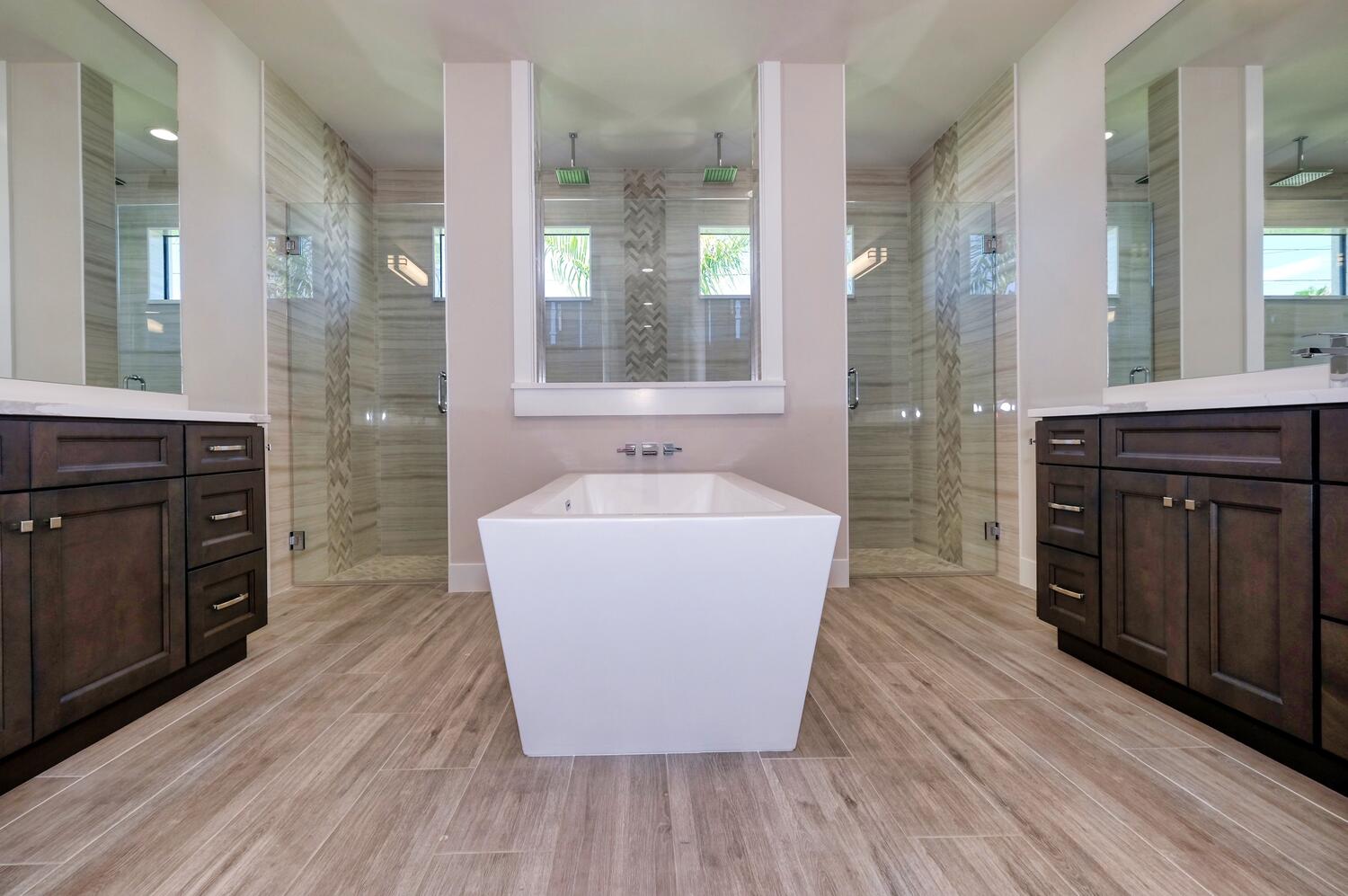 Picture of the primary bathroom of the model home Serenity
