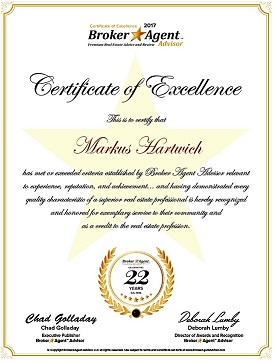 Bild eines Zertifikates für exzellente Leistungen auf Markus Hartwich ausgestellt in 2017