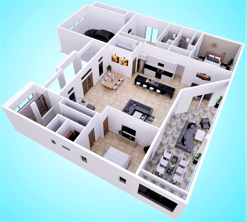 Bild Architektenentwurf des Neubaumodells Sunshine Paradise mit dreidimensionaler Grundrissansicht von rechts