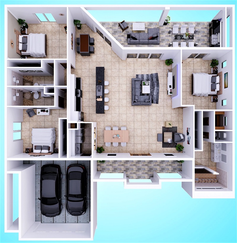 Picture of Artist Rendering of the New Construction Model Sunshine Paradise with three dimensional floor plan view from above