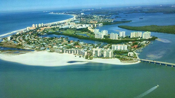 Picture showing an aerial of the shore line of Bonita Springs and the Gulf of Mexico