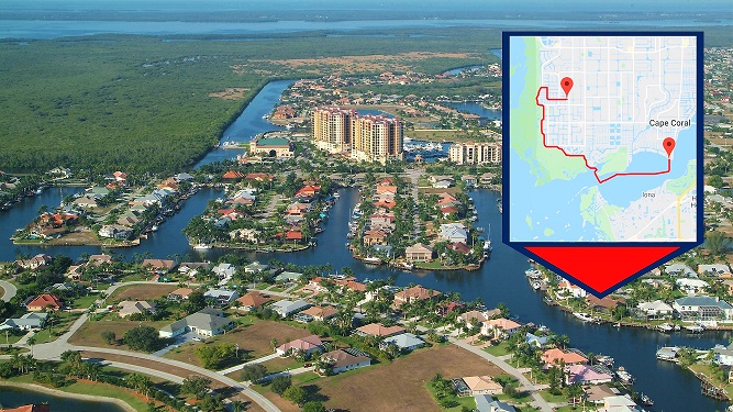 Aerial of Cape Coral showing a boating map with a calculated route
