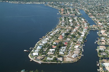 Picture of Cape Coral Florida from the air showing the southern areas at the river