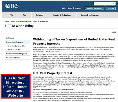 Bildlink zur Weiterleitung auf die IRS Webseite zum Thema FIRPTA Steuereinbehalt beim Verkauf einer Immobilie von Ausländern