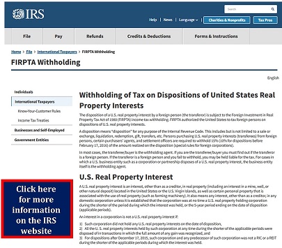 Picture link to the FIRPTA tax law for foreign nationals at the IRS webpage 