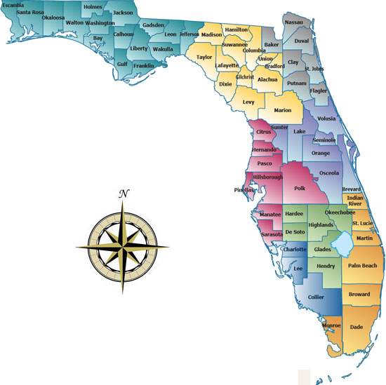 Bild der Florida Karte mit Einzeichnung und Benennung der Verwaltungsbezirke
