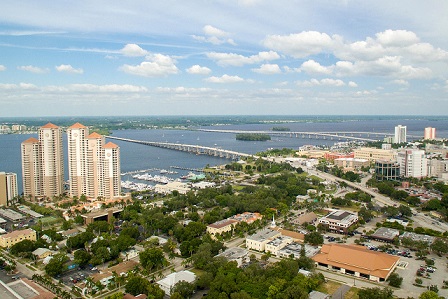 Picture showing an aerial of the Downtown Distric of Fort Myers by the bridges