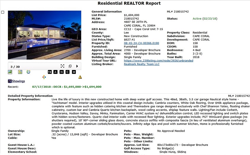 Picture 1 of the Listing information a client will see in the MLS with all property fields