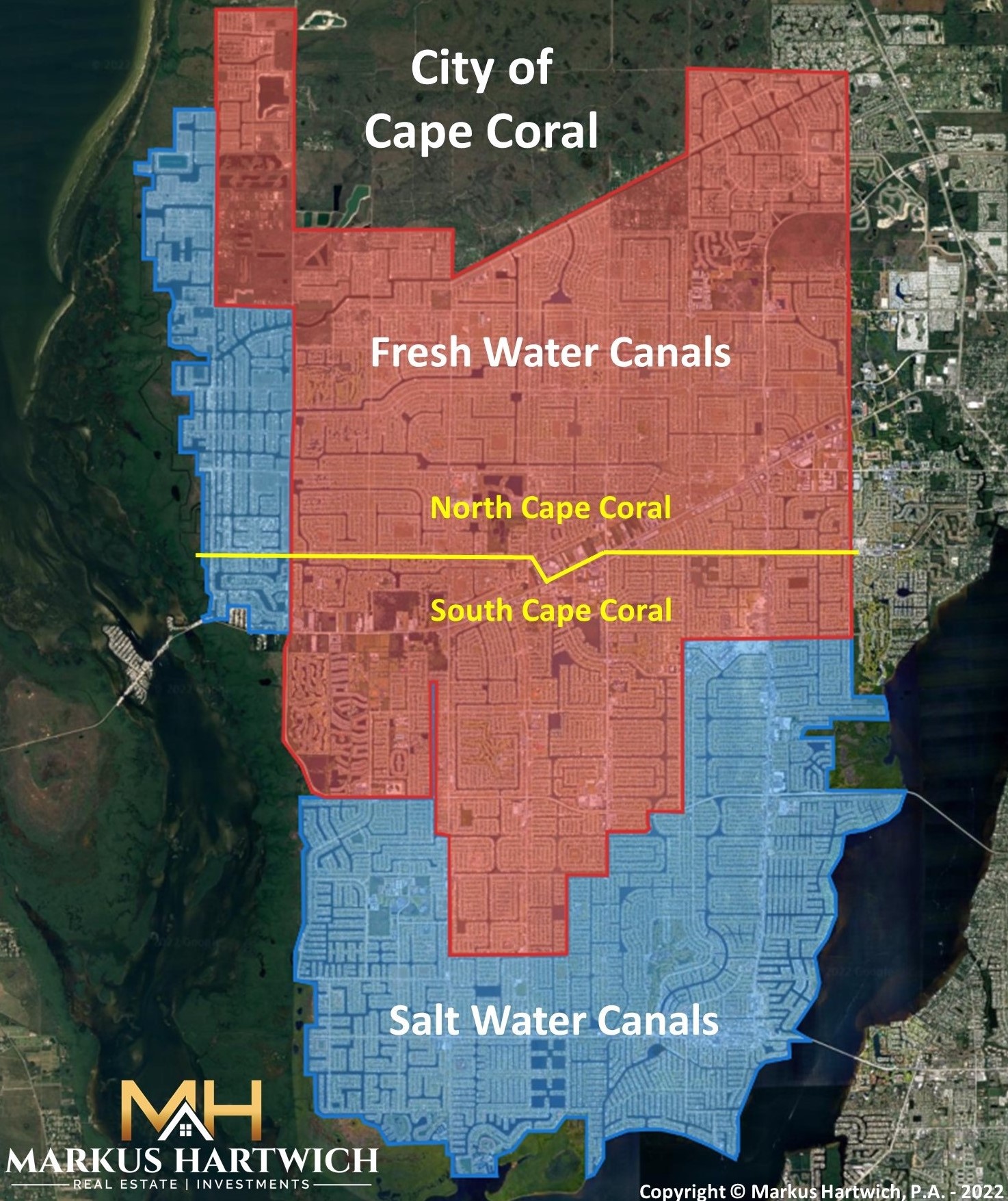 Bild der Karte Cape Coral mit Einzeichnung der Salzwasserkanäle und Frischwasserkanäle