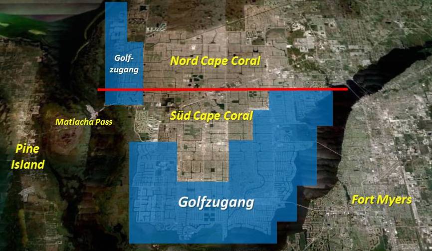 Bild der Karte von Cape Coral, die Grundstücke am Kanal mit Golfzugang und Frischwasser aufzeigend