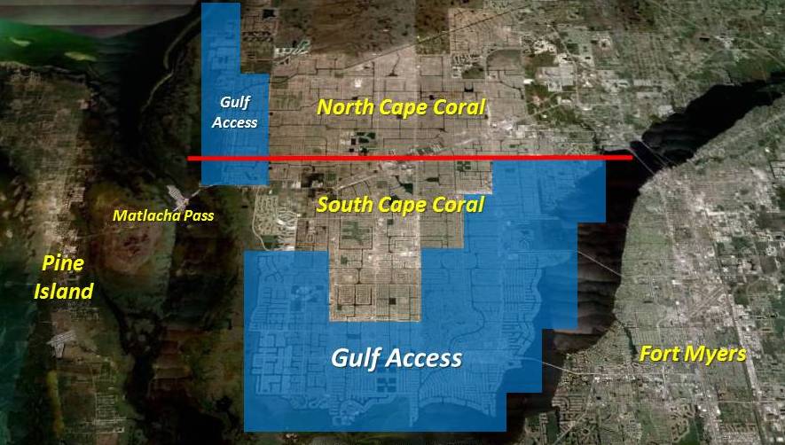Picture of a satellite picture of Cape Coral showing the marked areas where canals have gulf access